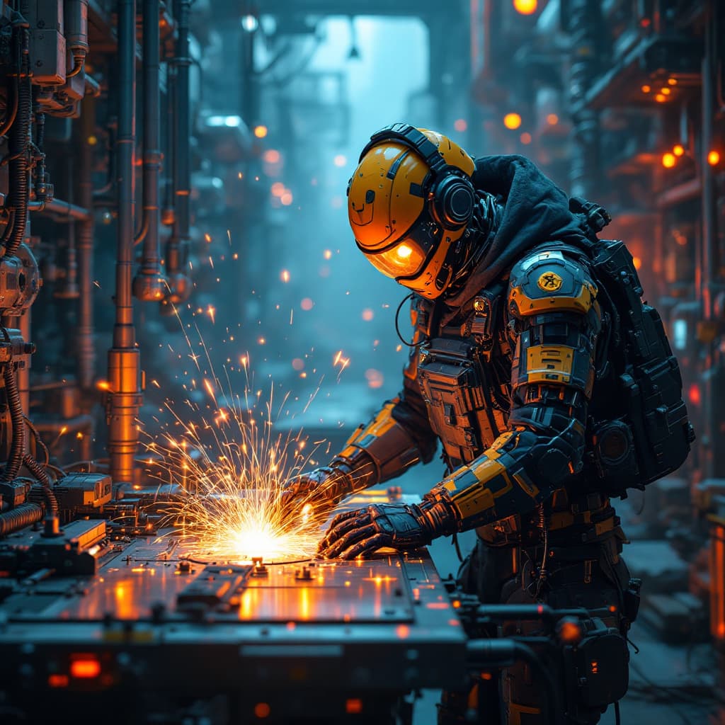 AI generated: Imagem futurística cyberpunk de trabalhadores trabalhando em siderúrgica metalúrgica