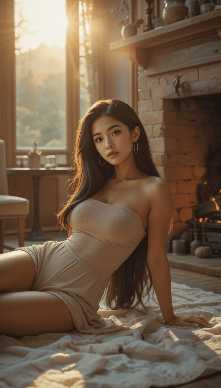 AI generated: A breathtakingly stunning woman, draped in a fitted off-shoulder tank top and loose, flowing shorts,...