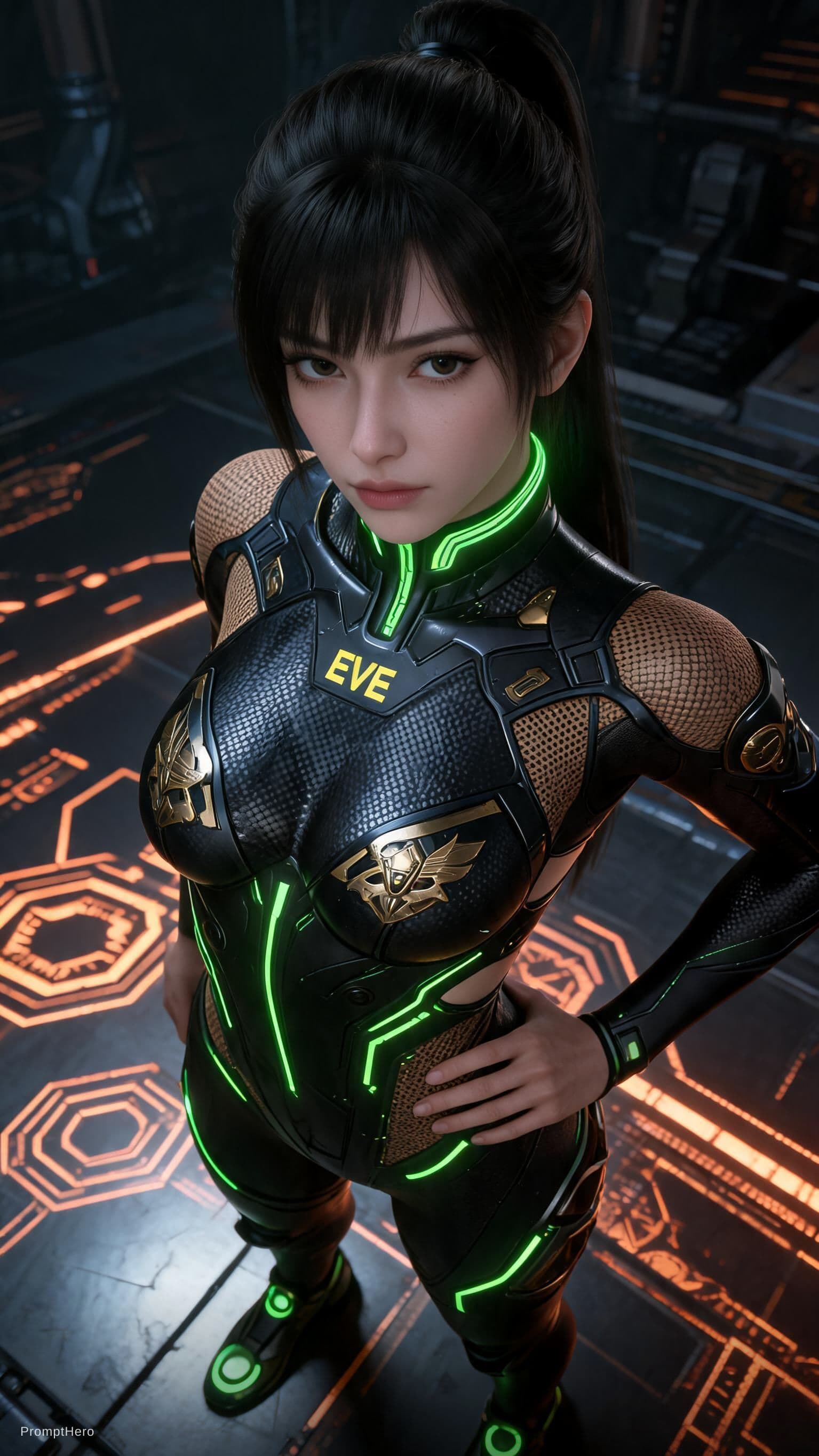 AI generated: This is a sleek and high-tech character portrait of a futuristic female warrior, captured with an in...
