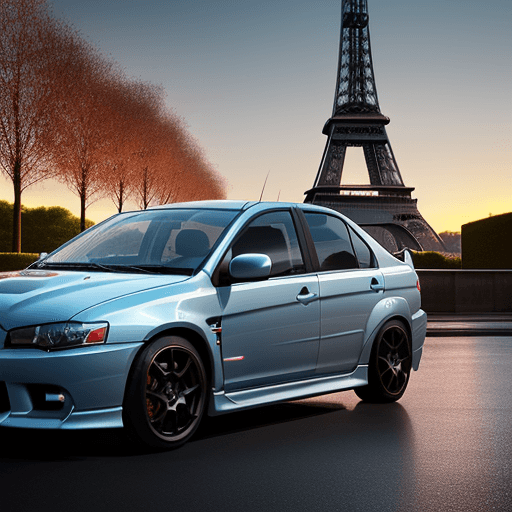 AI generated: Mitsubishi Lancer 9 evolution light blue metallic against the backdrop of the Eiffel Tower at sunset