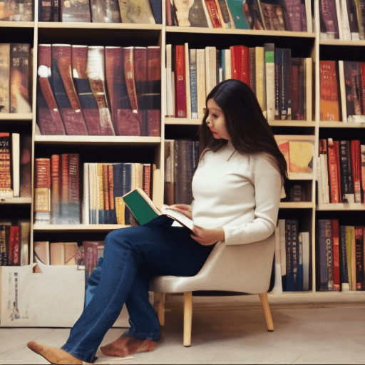 AI generated: Create a 20-something year old Latina woman reading a book in a small bookstore. And make sure the b...