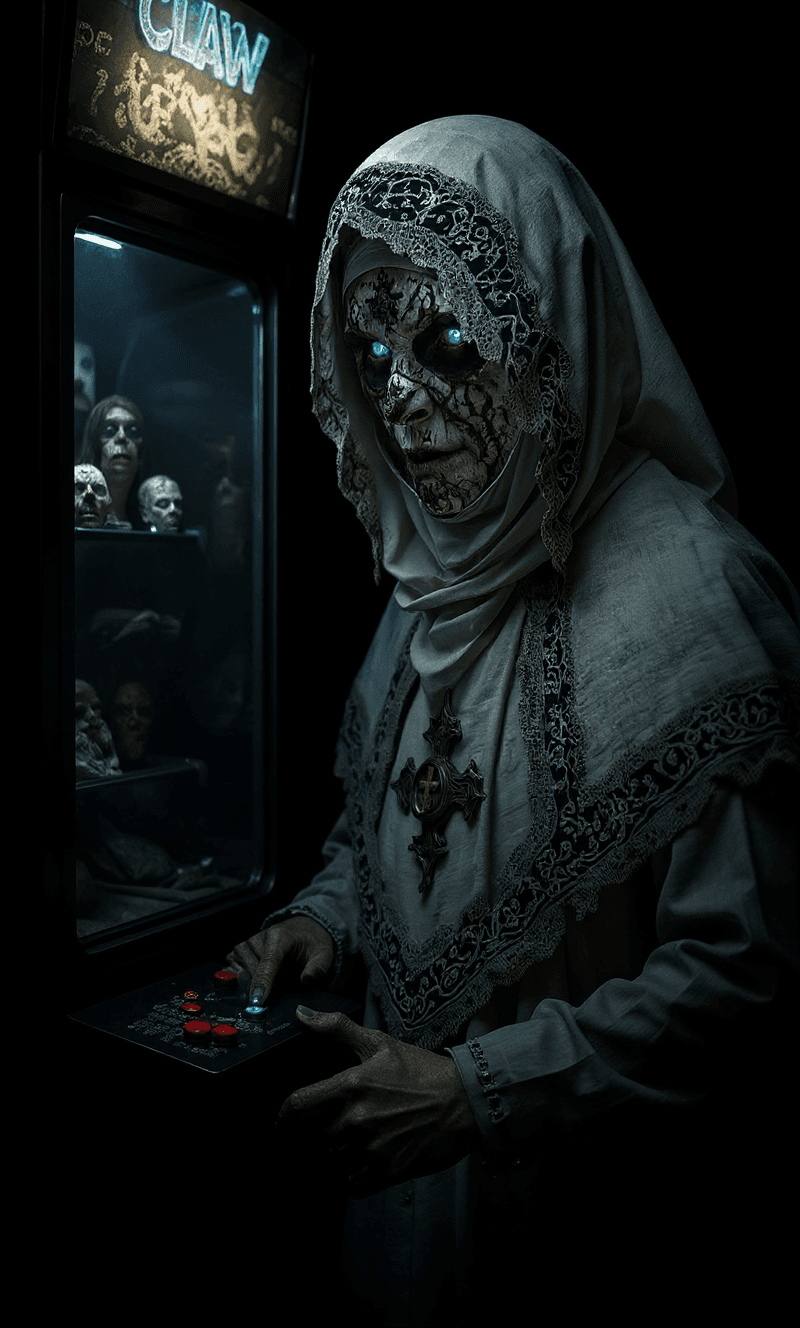 AI generated: Scary death, unholy, creepy, horror, dark, ghoul, standing front of an arcade claw machine, try to p...
