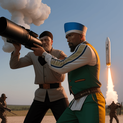 AI generated: cossack ukrainian man holding and shooting a rocket launcher at a black man who is wearing gangster ...