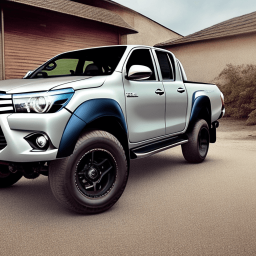 AI generated: Toyota Hilux, ln105 model, double cab, flame color, parked in front of a house. 265/75r16 tires, Met...