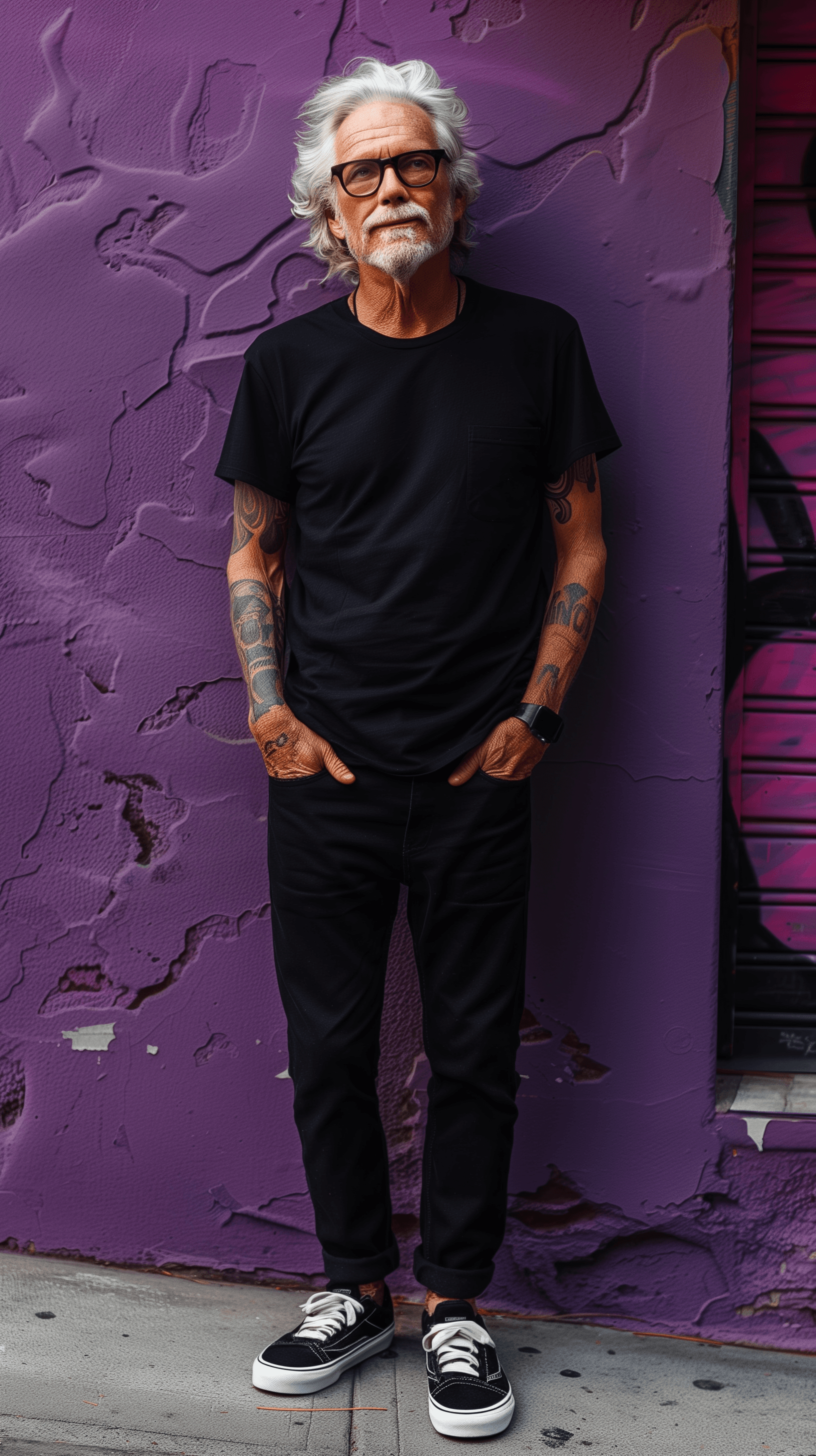 AI generated: photography, full-body, older man model standing against a textured rustic purple wall, giving off a...