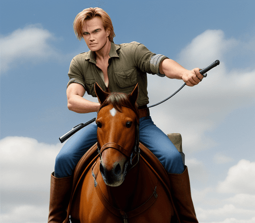 AI generated: Macgyver from the tv show riding on a horse