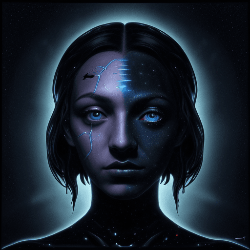 AI generated: a person with a starry background, and eyes, in the style of surrealistic symbolism, dark, forebodin...