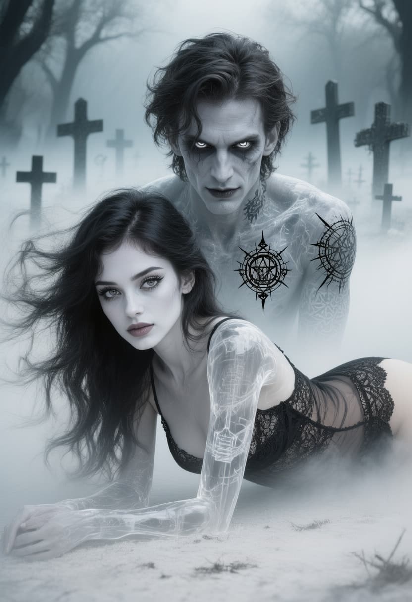 AI generated: create a gloomy scene of a gorgeous girl laying on a foggy white ground in her lace black underwear,...