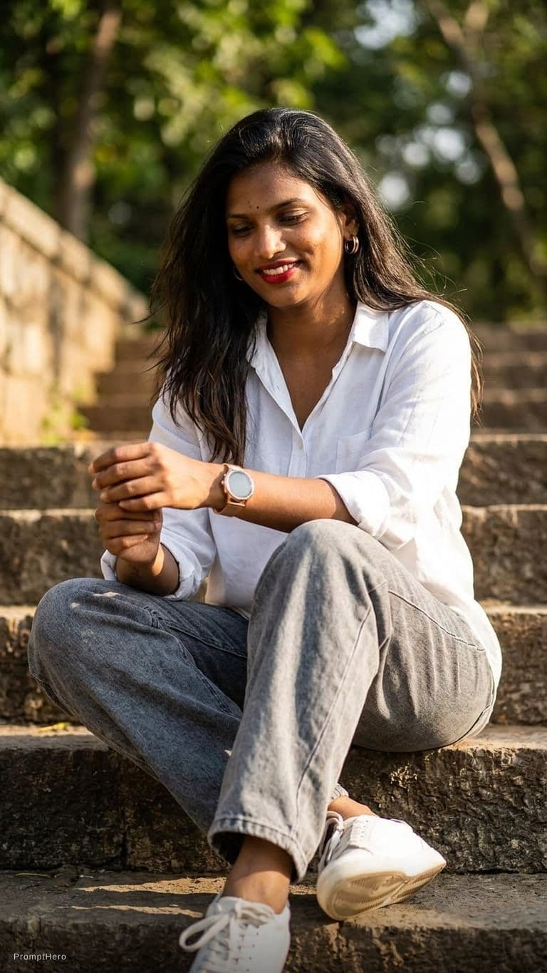 AI generated: Convert into face little bit down sun light on face sitting on steps . With grey lose jeans and whit...