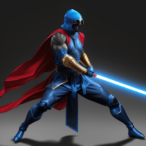 AI generated: a tall black and blue ninja that looks like sub-zero with a sword and red belt, who is up against a ...