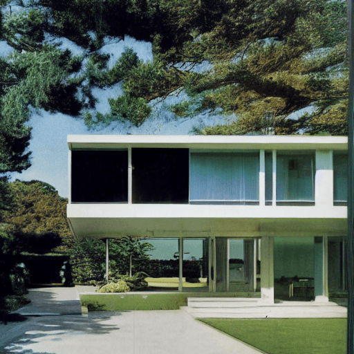 AI generated: hyper realistic eye level exterior photo of a mid century modern style house overlooking the ocean, ...