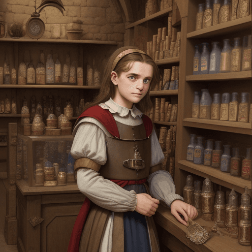 AI generated: A young, tired but friendly alchimist. in a medieval shop