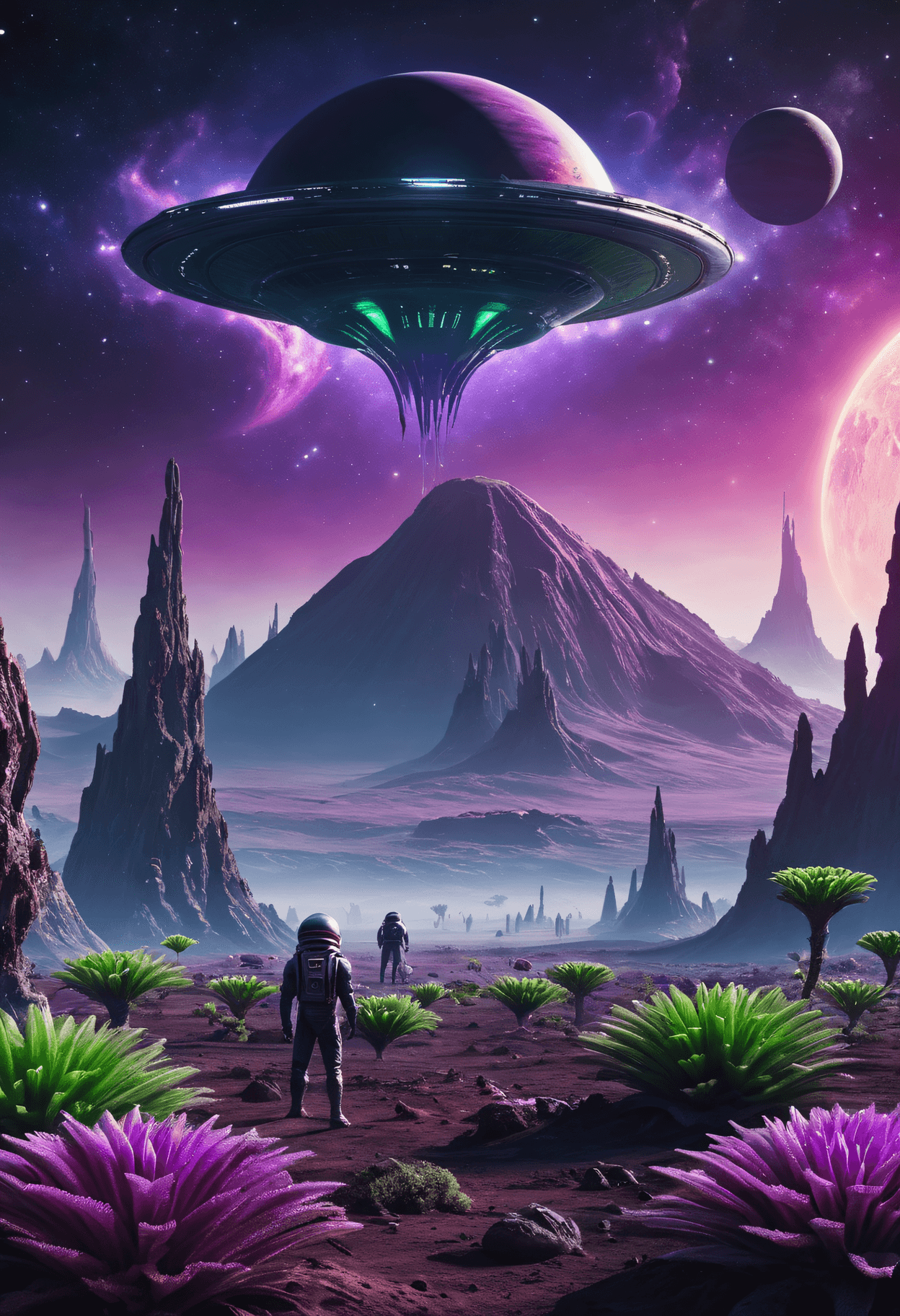 AI generated: Masterpiece, Best Quality, Alien planet with a spaceship in space with alien plants that are purple ...