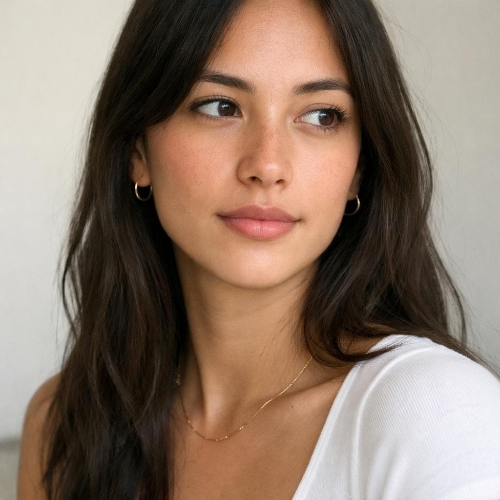 AI generated: ultra realistic young woman, 23 years old, natural beauty, oval face, almond-shaped dark brown eyes,...
