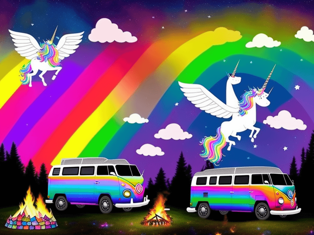AI generated: rainbow VW bus with unicorn wings in front of campfire under stars