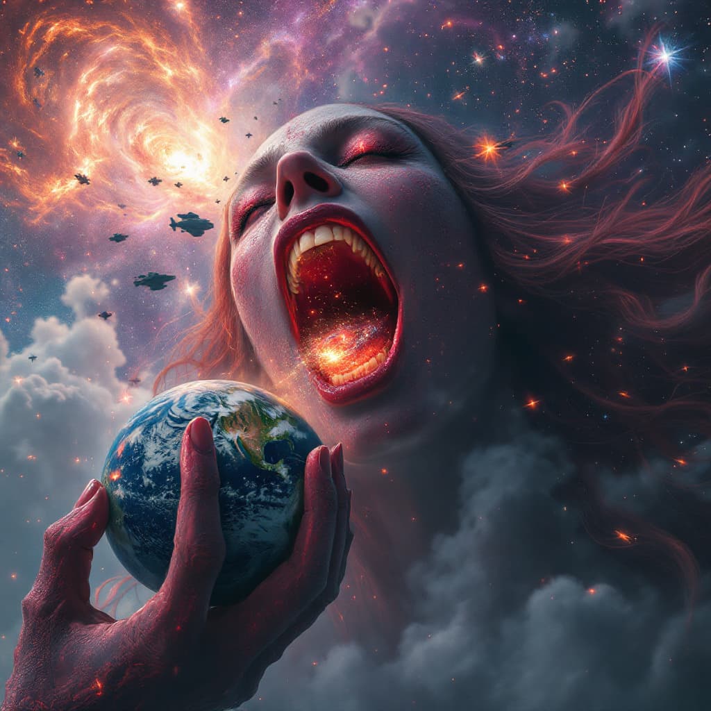 AI generated: enormous giantess elizabeth olsen scarlet witch wanda maximoff
bigger than a galaxy  floating in spa...