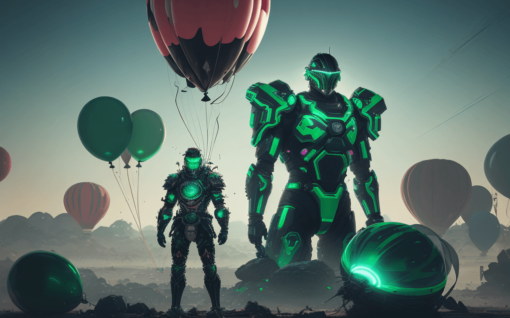 AI generated: brutal man warrior stands after the battle, looking into the distance, on top of a bunch of balloons...