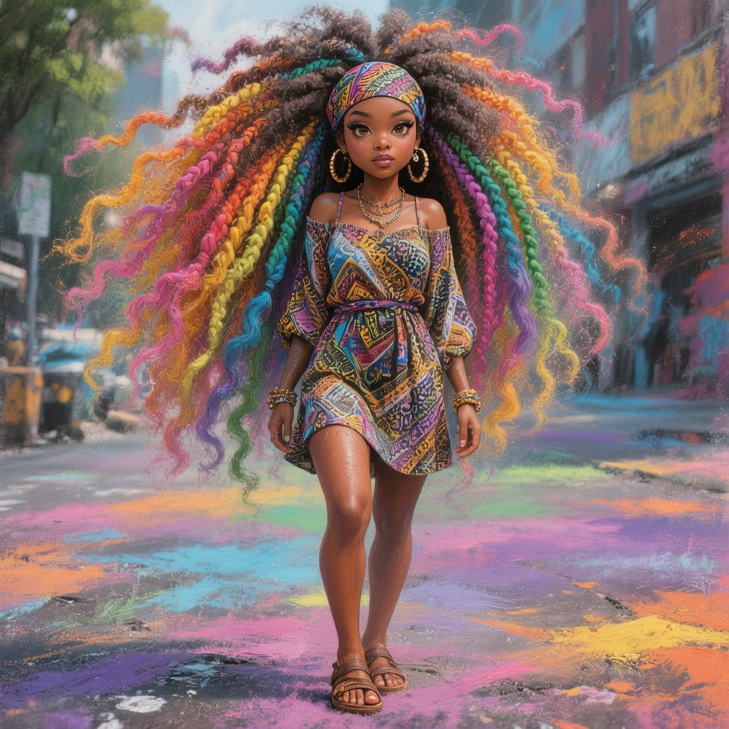 AI generated: Full-body view: airbrushed, painterly, vibrant colors, wet-on-wet, acrylic and chalk, dark-brown-ski...