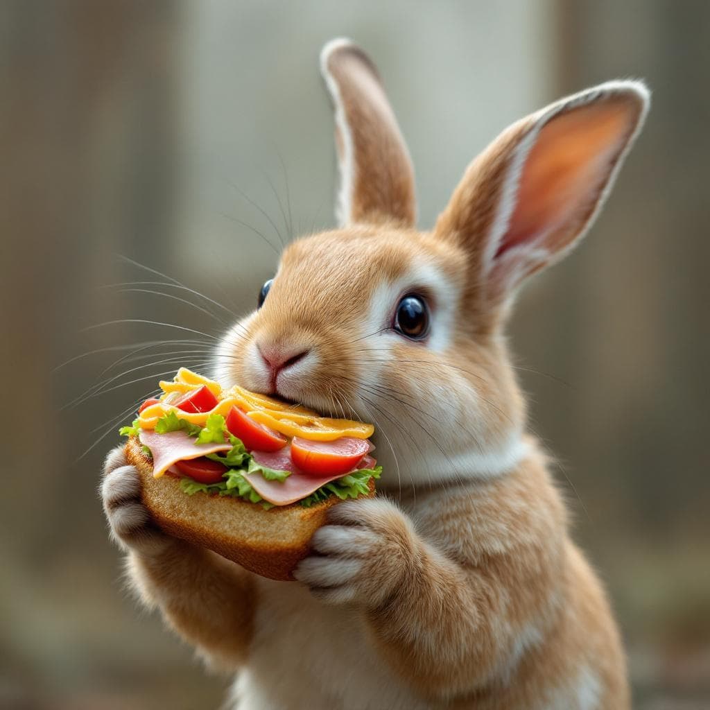 AI generated: Rabbit without one ear, eating sandwich with salad and ham, realistic features, as closest to real l...