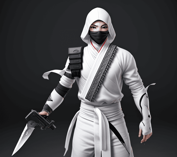 AI generated: Photo of a ultra realistic future ninja in white, with a lot of knifes and guns from the future, 8k,