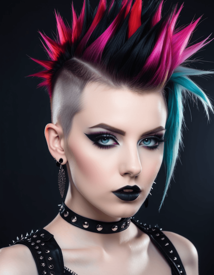 AI generated: upper body portrait of a pale skinned woman with punk style Mohawk hair, mix of goth and punk style,...