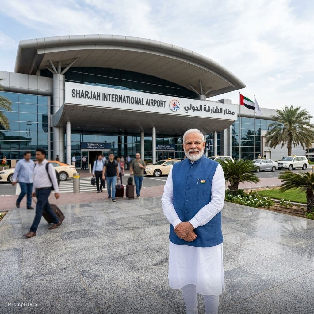 AI generated: with narendra modi in front of sharjah airport