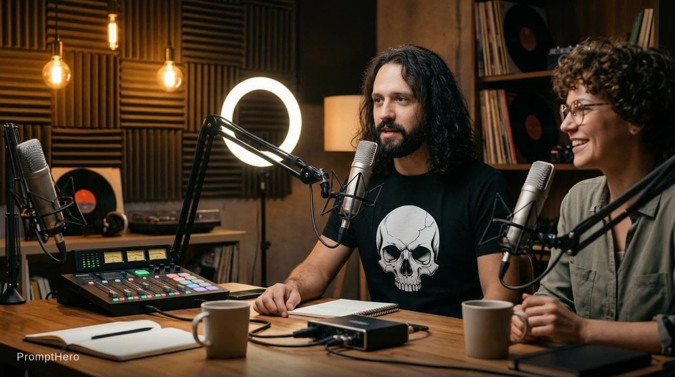 AI generated: A warm, cinematic podcast studio with a professional boom-arm microphone. A glowing ring light stand...