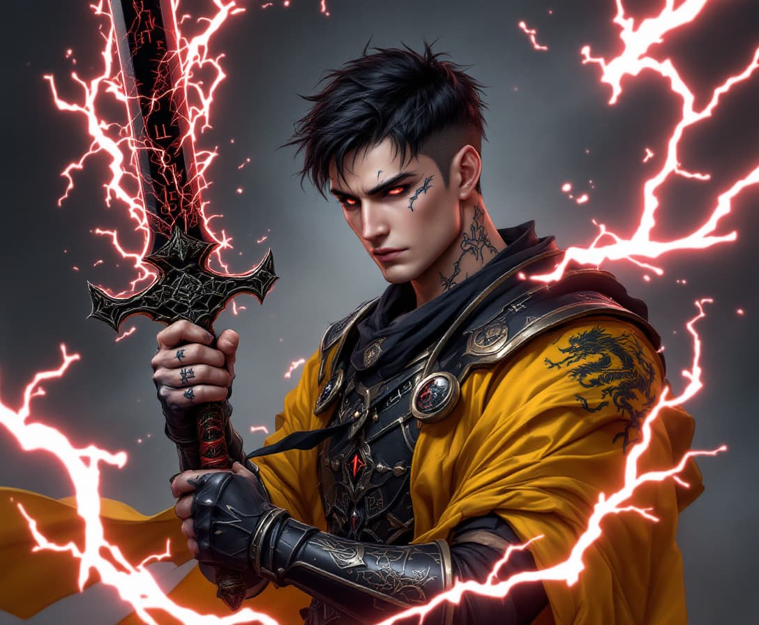 AI generated: a man with light skin, short black hair, black armor with yello fabric, and a black sword with a red...