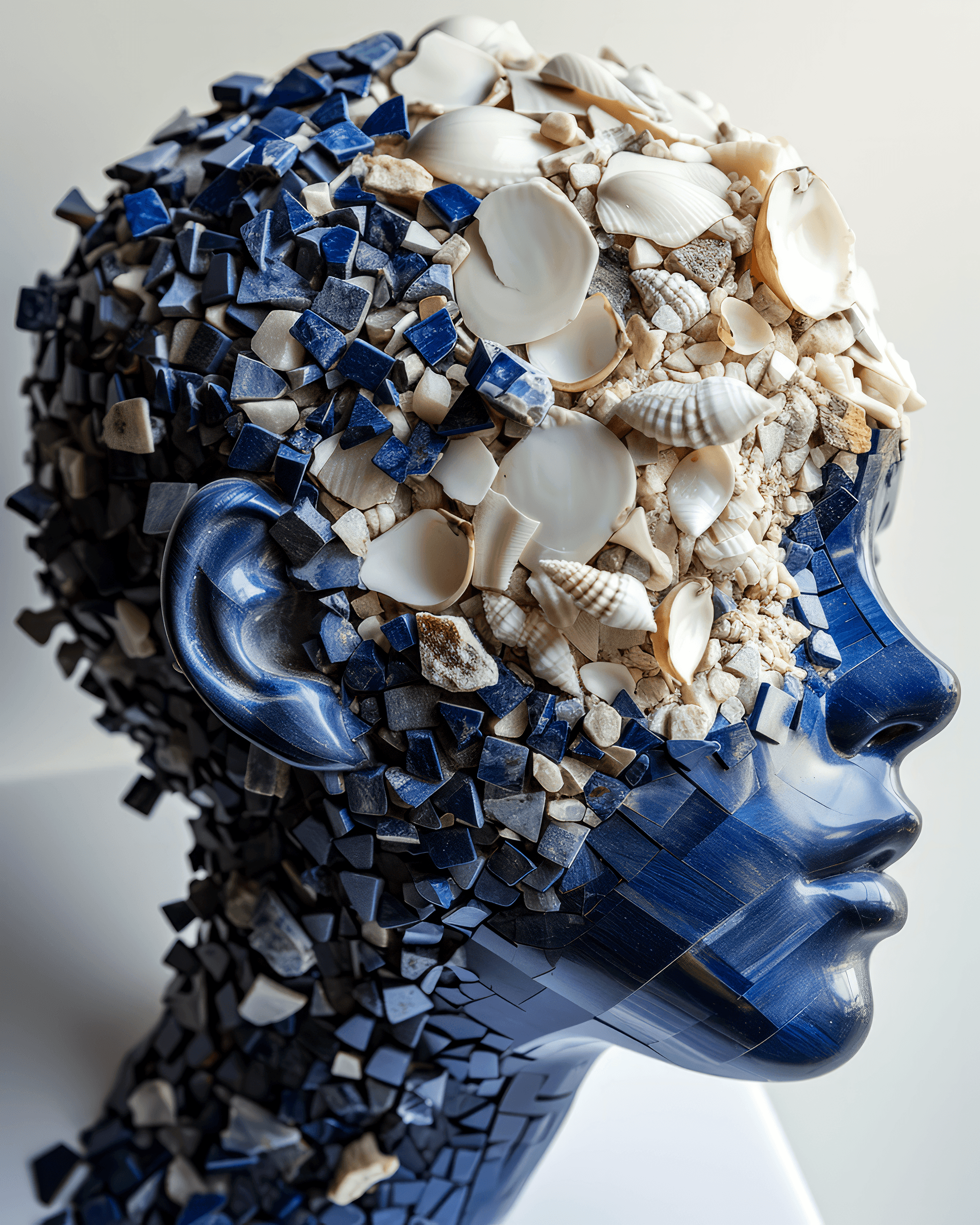 AI generated: the anatomy of a woman's head made of blue sapphire domino pieces and smashed sea shells, octopath t...