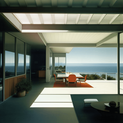 AI generated: Hyper realistic eye level exterior photo of a mid century modern style house overlooking the ocean, ...