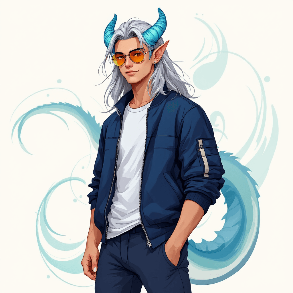 AI generated: A light-skinned, young male elf with blue-green horns and a matching blue-green dragon tail, which f...
