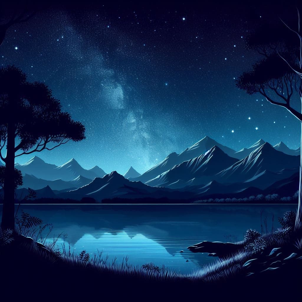 AI generated: Illustration of a starry night sky over a tranquil lake