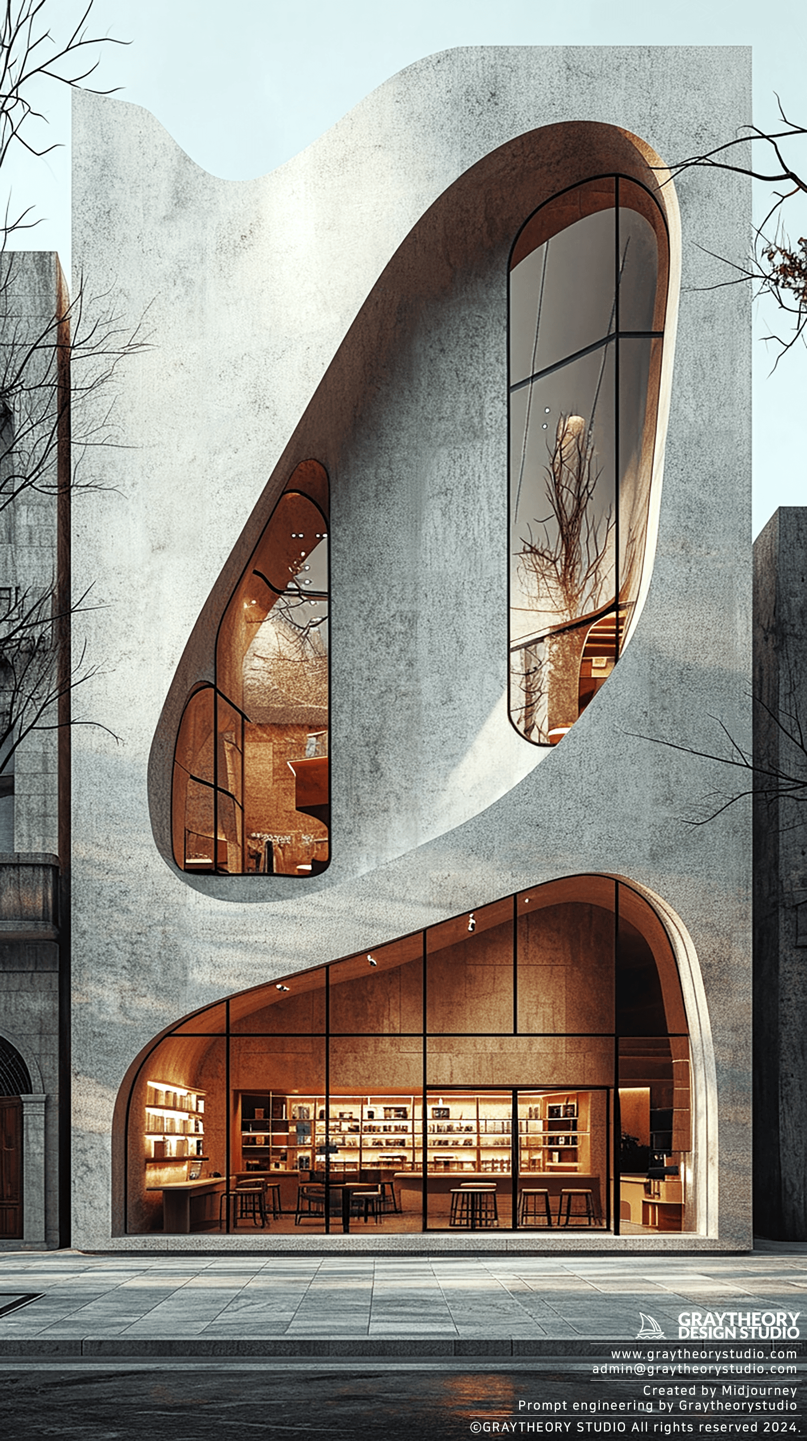 AI generated: canon EOS 5d, minimalistic retail shop facede design, monochromatic color on facade walls, geometric...