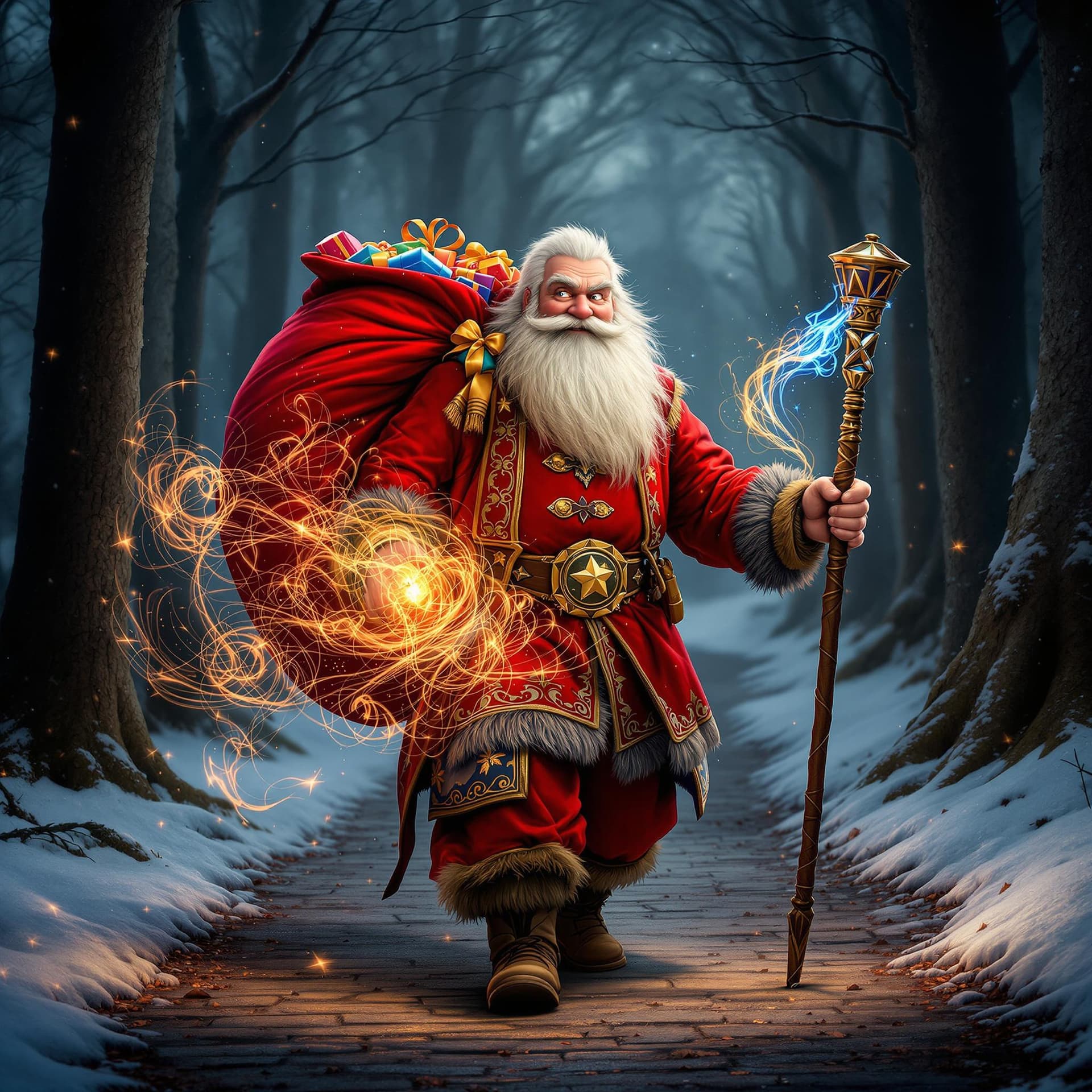 AI generated: movie poster, pleased kind russian uncle frost wearing red rocker clothes is depicted in an action p...