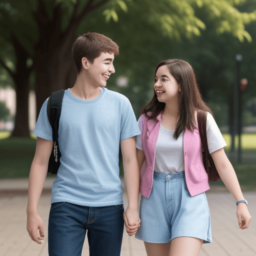 AI generated: A young couple holding hands and smiling at each other in a college campus