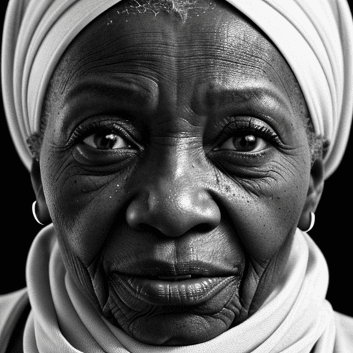 AI generated: Black and white photo. Extreme close up of elderly black African woman, with individual wrinkles vis...