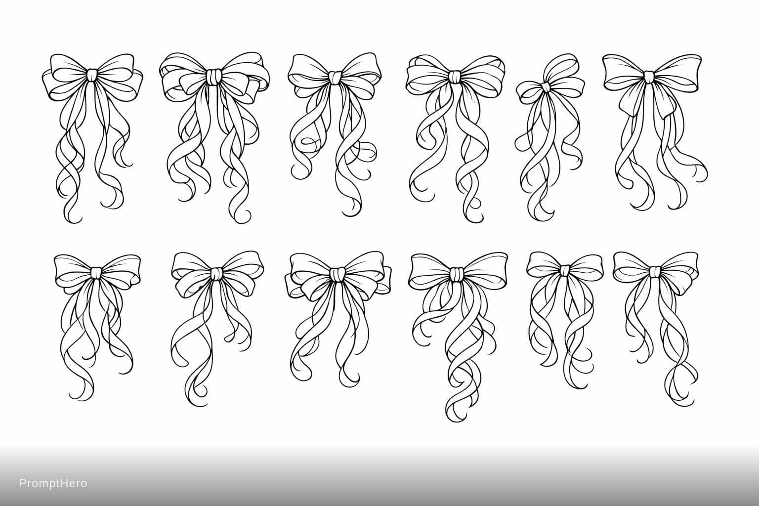 AI generated: 10 luxury long ribbon bows, black outline line art vector illustration, elegant bows with very long ...
