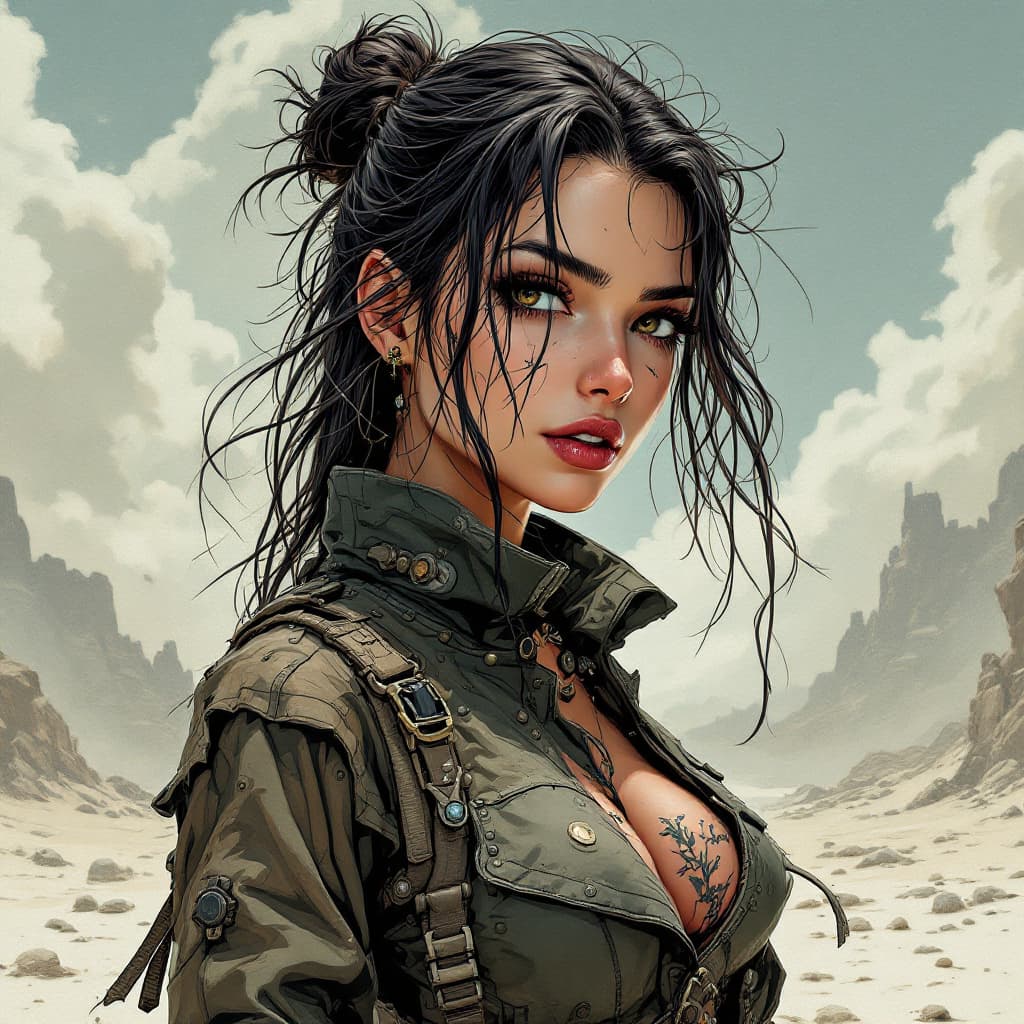 AI generated: young beautiful European woman, random illustrations to fill a post-apocalyptic comic book, mix of m...