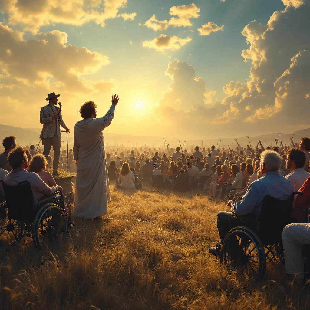 AI generated: create an image of a preacher preaching to a congregation in an open field crusade, with images of w...