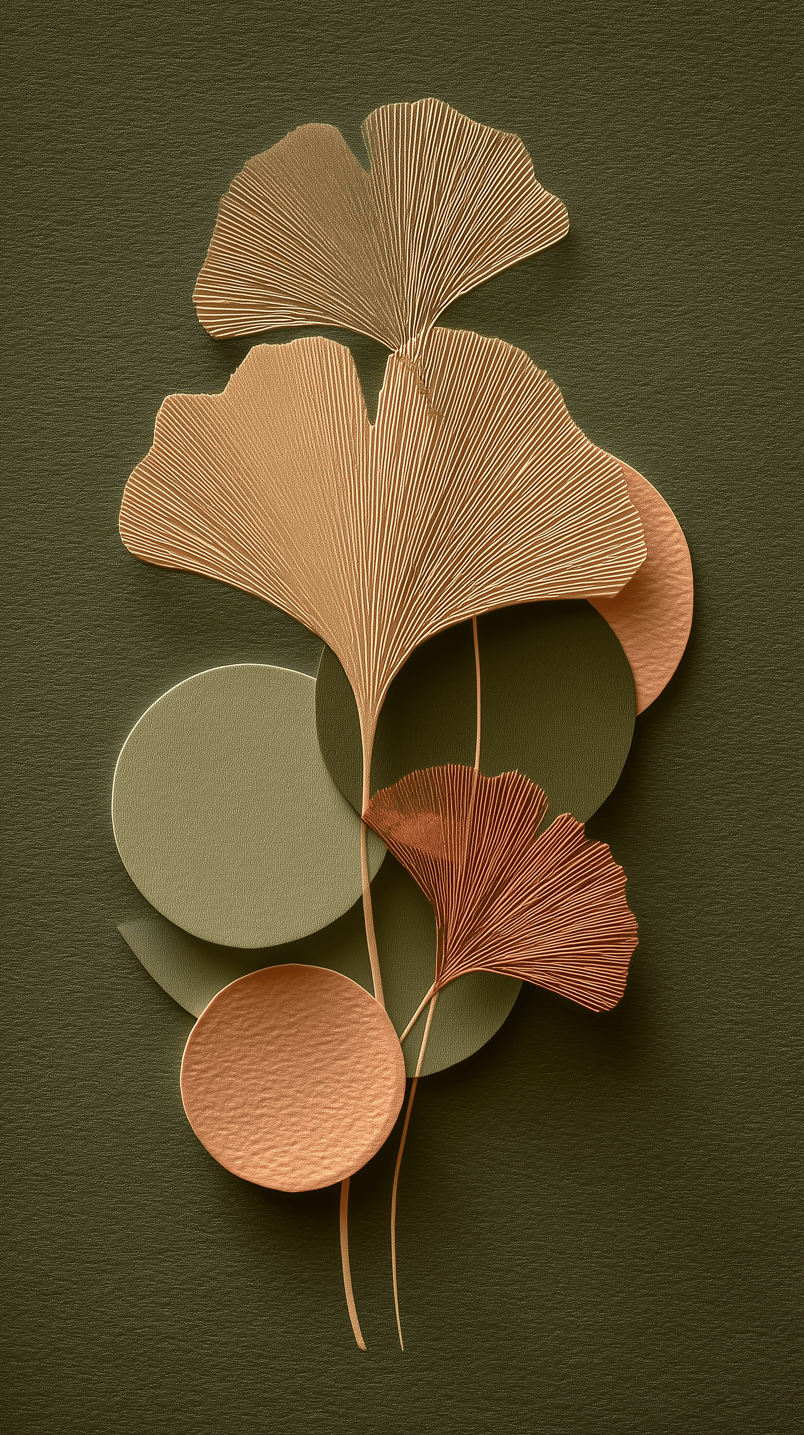AI generated: paper-cut ginkgo leaf silhouette collage, sage and copper color palette, mid-century concept, organi...