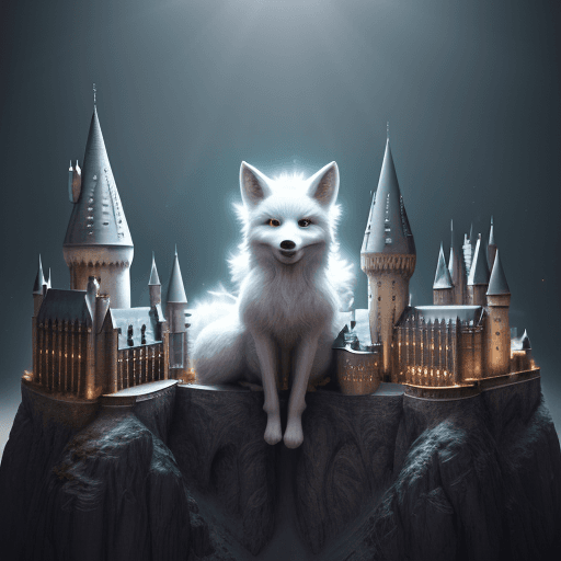 AI generated: cute white foxy magic harry potter style smiling funny comical set in hogwarts caricutre style, intr...