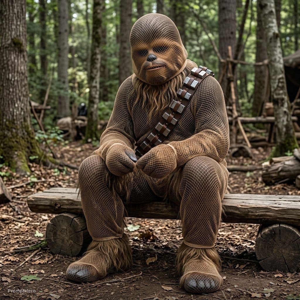 AI generated: chewbacca the wookie with hairnet covering whole body