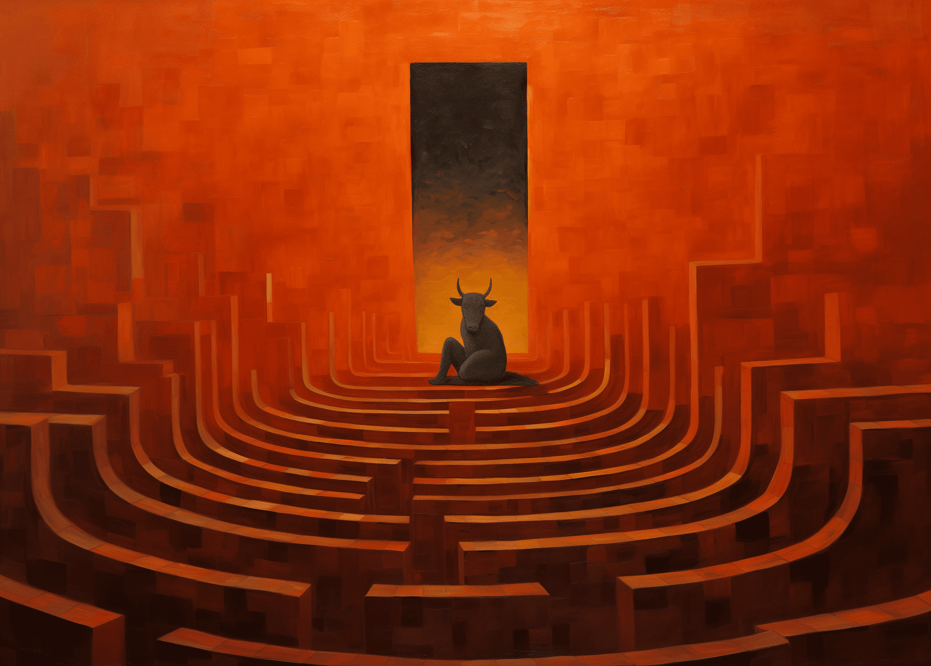 AI generated: oil painting of Minotaur sitting on top of the Labyrinth, view over an endless labyrinth with a sun ...