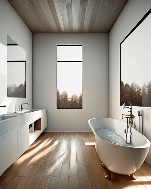 AI generated: High resolution photography of modern master bathroom interior with wooden floor finishes and white ...