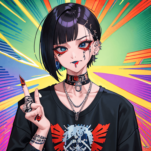 AI generated: delinquent street punk in emo style clothes holding up the middle finger, looking at viewer, 1boy, b...