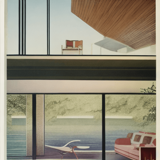 AI generated: Hyper realistic eye level exterior photo of a mid century modern style house overlooking the ocean, ...