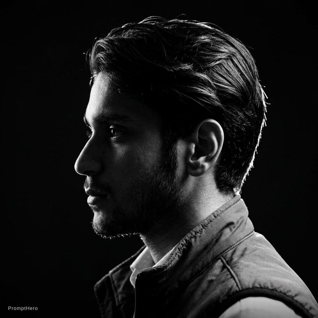AI generated: A dramatic black and white profile portrait of a man, intense rim lighting, deep shadows, cinematic ...