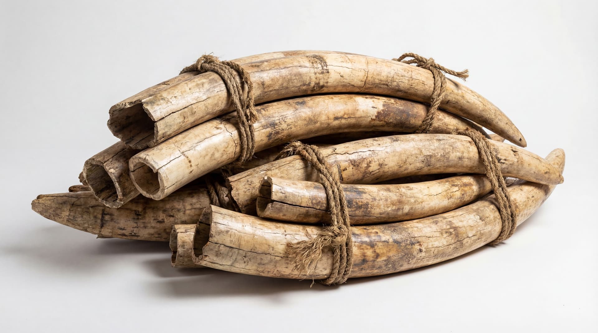 AI generated: Bundles of Raw Ivory: Large, yellowed elephant tusks tied together with coarse hemp rope. These shou...