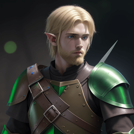 AI generated: 18 year old Half-Elf male from D&D, shaggy blonde hair, blonde bearded, ranger, black and green ligh...