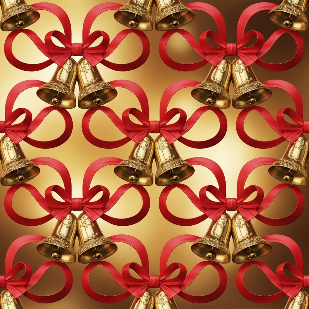 AI generated: Golden bells and red ribbons arranged in 3D repeating pattern.